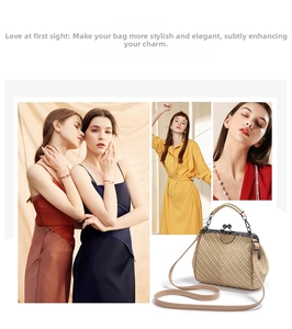Close-up of light brown woven PU leather bag featuring vintage metal clasp and top handle