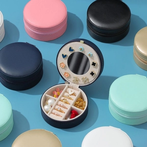 Mini Round Jewelry Box Portable Travel Case PU Leather With Mirror For Rings Earrings Organizer Small Jewelry Storage