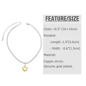 Detailed size guide for gold heart pendant necklace with dimensions and materials