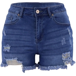 Detail of high waist denim shorts with distressed ripped holes and raw fringe hem