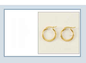 Detail of 20mm 18K gold plated stainless steel textured hoop earrings weighing 2.6g