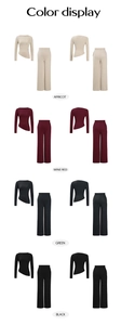 Color display of two-piece long sleeve top and wide-leg pants set in apricot, red, green, black
