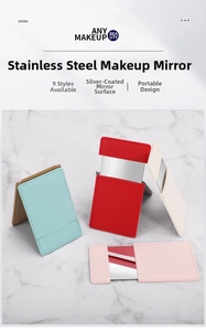 Macro shot of ultra-thin stainless steel makeup mirror with colorful leather cases