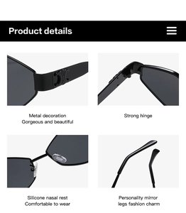 Detail showing metal Triomphe logo, sturdy hinge, and silicone nose pads on sunglasses