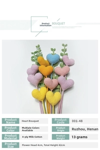Detail view of handmade crochet heart bouquet with 4-ply milk cotton dimensions and specs
