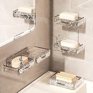Wall Mounted Soap Dish Transparent PET Drainage Tray Punch Free Luxury Water Ripple Holder Bathroom Double Layer