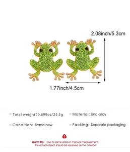 Size chart for green crystal frog earrings showing 5.3cm height and 4.5cm width specs