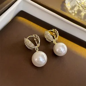 Zircon Leaf Artificial Pearl Drop Earrings With Silver Earring Post French Vintage Gold Plated Jewelry For Women