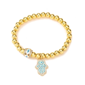 Golden beaded Hamsa Hand and Evil Eye bracelet with blue enamel and sparkling crystals