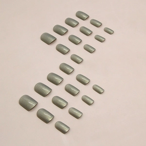 Short square aurora vintage green and pearl silver gray press-on nails set of 24 pieces