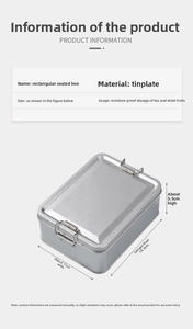Detailed view of rectangular tinplate storage box with size 14.5x11x5.5cm and metal latch