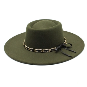 British style olive green wide brim wool fedora hat with gold chain and bow decoration