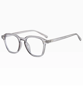 Dettaglio montatura occhiali quadrata grigio trasparente con rivetti metallici