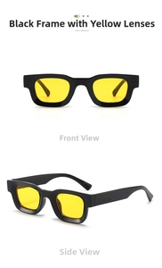 Detail view of square black frame sunglasses with vibrant yellow lenses and wide temples