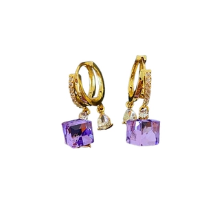 Vintage golden zircon earrings with purple crystal cubes and clear teardrop charms