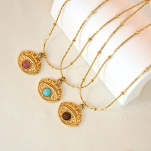 14K gold plated stainless steel necklaces with evil eye natural stone pendants in three colors