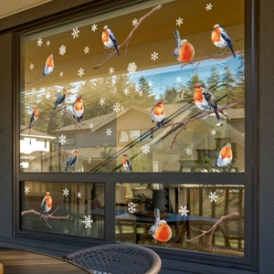 Weihnachtliche statische Fensteraufkleber mit Schneeflocken und Vögeln auf Glas