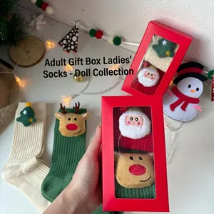 Women Christmas Socks Cotton Blend Ribbed Knit Mid-Tube Socks 3D Santa Claus Elk Christmas Tree Doll Decoration Holiday Gift