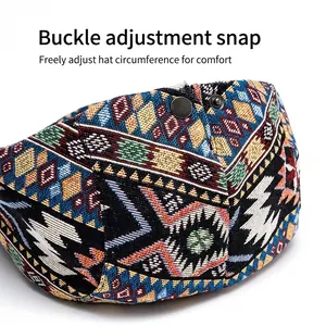 Ethnic jacquard beret with adjustable metal buckle and geometric woven pattern
