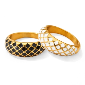 French vintage gold stainless steel ring set with black and white enamel diamond grid