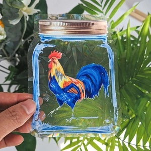 Rainbow prism window cling in mason jar shape with colorful rooster and laser effect