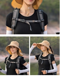 Close-up of hiking backpack buckle and model wearing sun hat with cooling arm sleeves