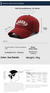Detailed size chart for cotton baseball cap showing 56-60cm adjustable circumference