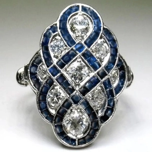 Art Deco Vintage Ring Copper With Blue And Clear Cubic Zirconia Hollow Geometric Retro Jewelry For Women