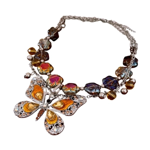 Vintage butterfly pendant necklace with yellow rhinestones and purple bead chain