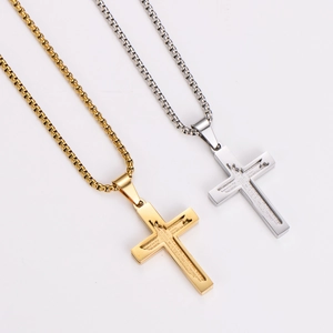 Gold and silver stainless steel cross pendant necklaces with Lord's Prayer engraving