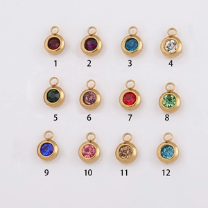 Set of 12 colors stainless steel round birthstone pendants with gold plated edges