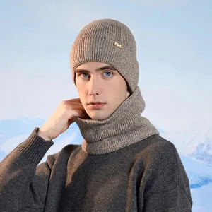 Men's winter knit beanie and scarf set with warm fleece lining for outdoor protection