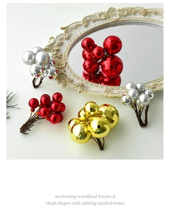 Close-up of metallic red, gold, and silver Christmas ball ornaments on a mirror