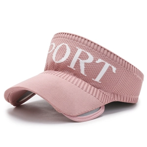 Pink knitted sun visor sport hat with white SPORT logo for outdoor running and exercise