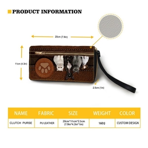 Detailed view of long zip-around PU leather wallet with cat print and size dimensions