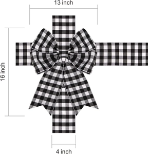Black and white buffalo plaid decorative bow with 13 inch width and 16 inch height