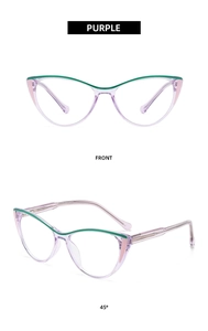Detailed front and 45-degree angle view of purple cat-eye blue light blocking glasses