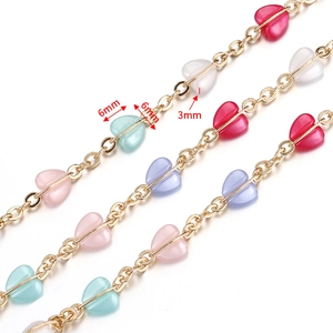 Colorful 6mm heart-shaped beads on a golden copper chain for DIY jewelry making