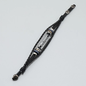 Black braided leather bracelet for men featuring a metal plate with believe engraving