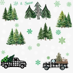 Stickers de Noël avec sapins à l'aquarelle, camions à carreaux et motifs de flocons