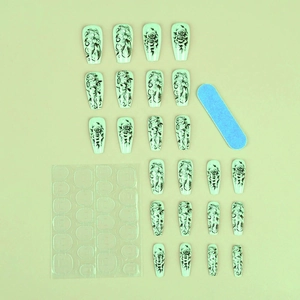 24pcs mint green press-on nails with vintage black rose patterns and tool kit