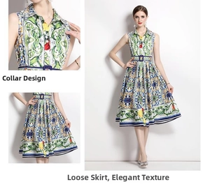 Détails d'une robe vintage française sans manches avec imprimé citron et col à revers