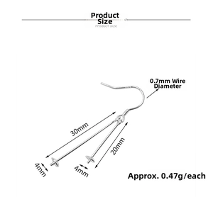 Detail view showing S925 sterling silver ear hook dimensions with 20mm and 30mm needle drops