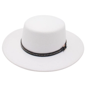 Elegant French Boater Hat For Women Wide Brim Cotton Felt Sun Hat With Rivet Leather Band Retro Flat Top Fedora Hat