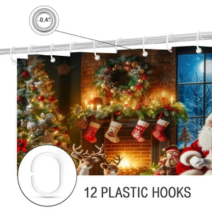 Detail of Christmas shower curtain featuring 0.4 inch metal grommets and 12 plastic hooks
