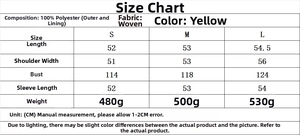 Detailed size chart for the yellow polyester flight jacket and trousers set with measurements