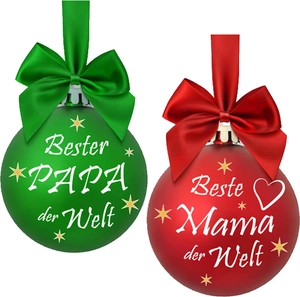 Close-up of red and green Christmas ornaments with German text and festive bows