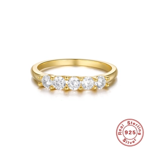 S925 sterling silver gold ring with five sparkling diamonds in a classic single row design