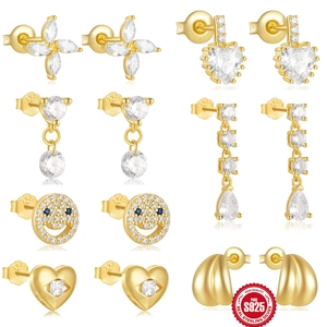 925 Sterling Silver Gold Zirconia Earrings For Women Heart Flower Smiling Face Water Drop Dainty Stud Earrings Dangle Earrings Jewelry