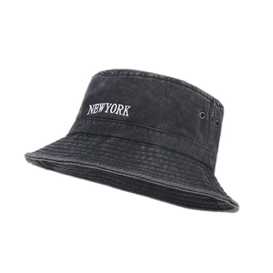 Washed dark grey denim fisherman hat with New York embroidery and brass air eyelets